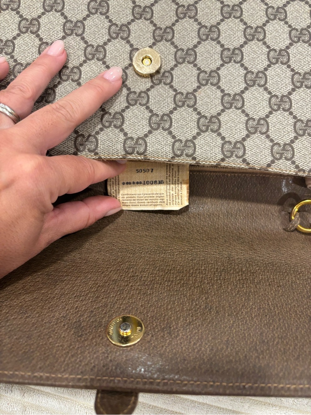 Gucci Beige and Brown GG Monogram Fold-Over Clutch with Gold-Tone Buckle - Picture 3 of 7